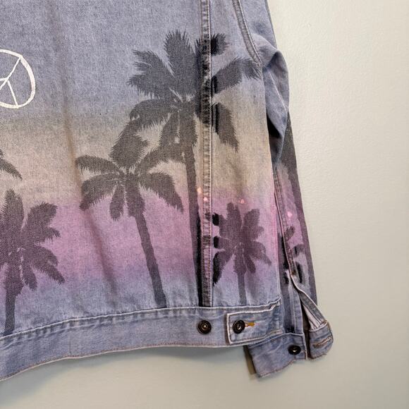 Brooklyn Cloth Co. Trucker Jean Jacket Mens M Blue Denim Graffiti Palm Tropical - Picture 4 of 8
